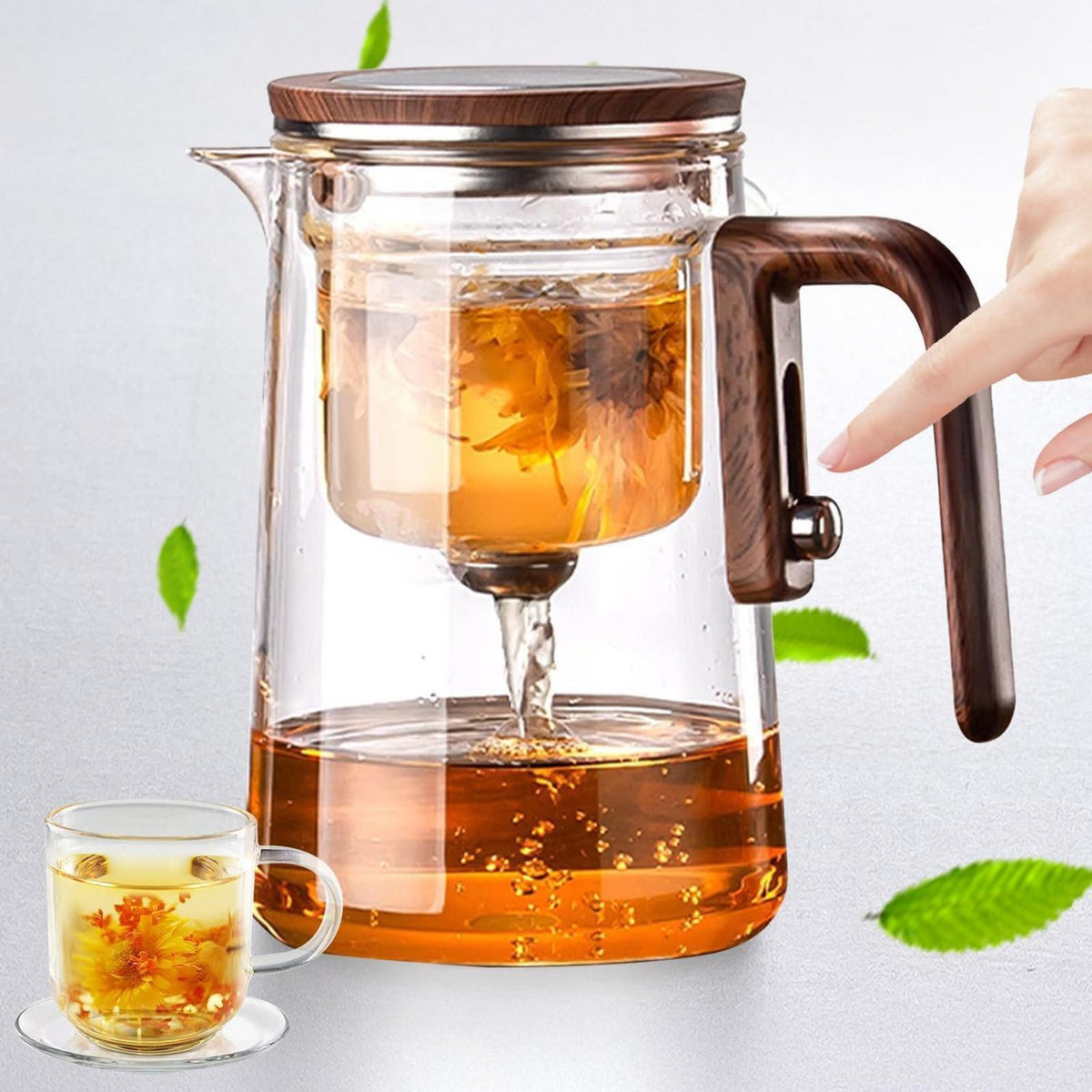 Glas Teekanne mit Sieb & Holzoptik Griff (800ml)