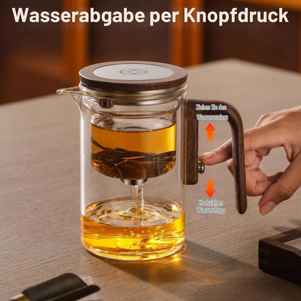 Glas Teekanne mit Sieb & Holzoptik Griff - 600ml