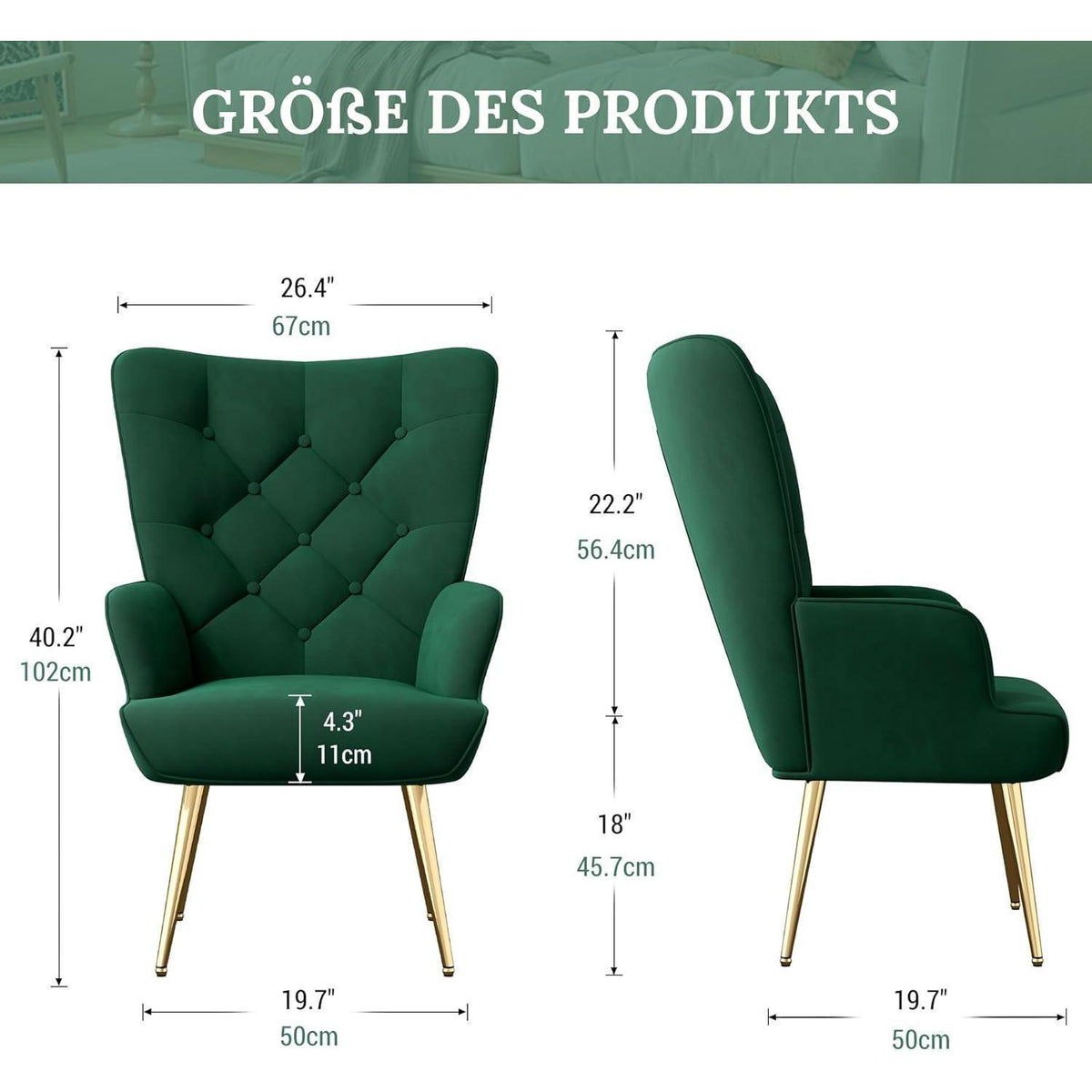 Eleganter Polsterstuhl mit Metallbeinen, Grün
