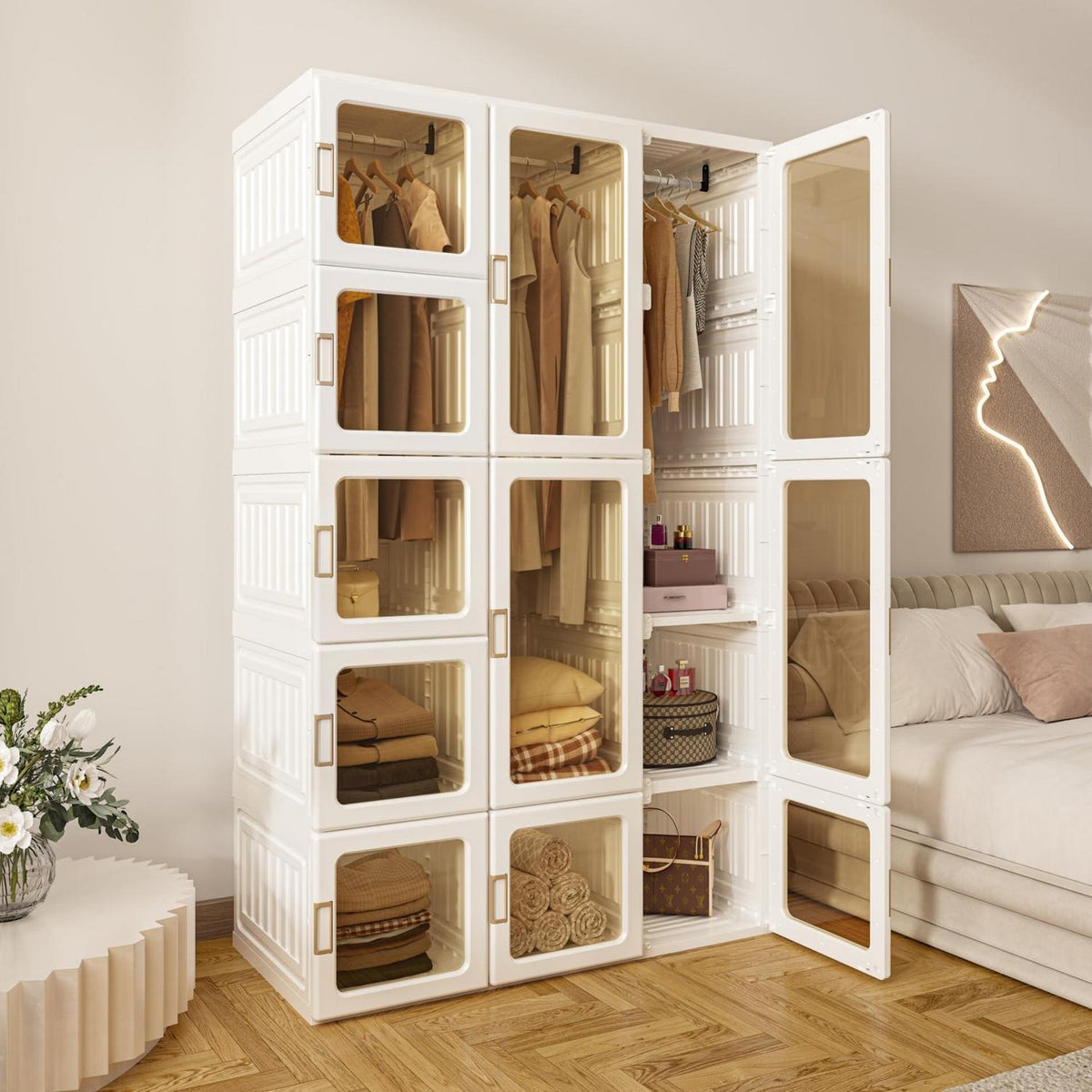Zusammenklappbarer Kleiderschrank mit Kleiderstange & Magnettüren