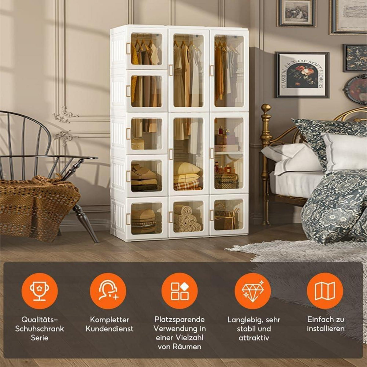 Zusammenklappbarer Kleiderschrank mit Kleiderstange & Magnettüren
