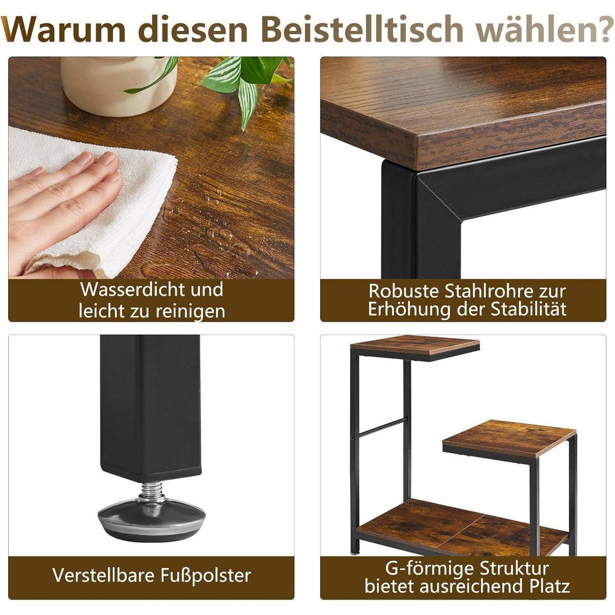 G-förmiger Beistelltisch mit Regalen – Rustikaler Couchtisch