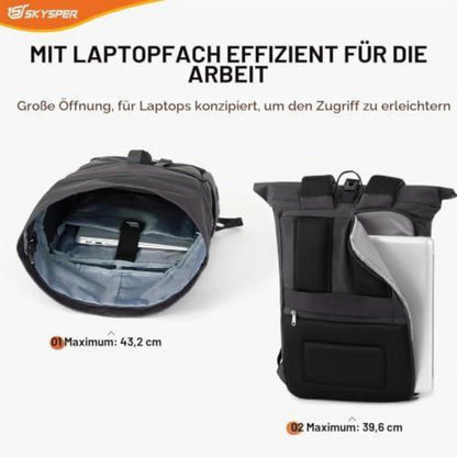 Rolltop Rucksack grau – Laptopfach, Reiserucksack, Unisex