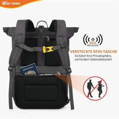 Rolltop Rucksack grau – Laptopfach, Reiserucksack, Unisex