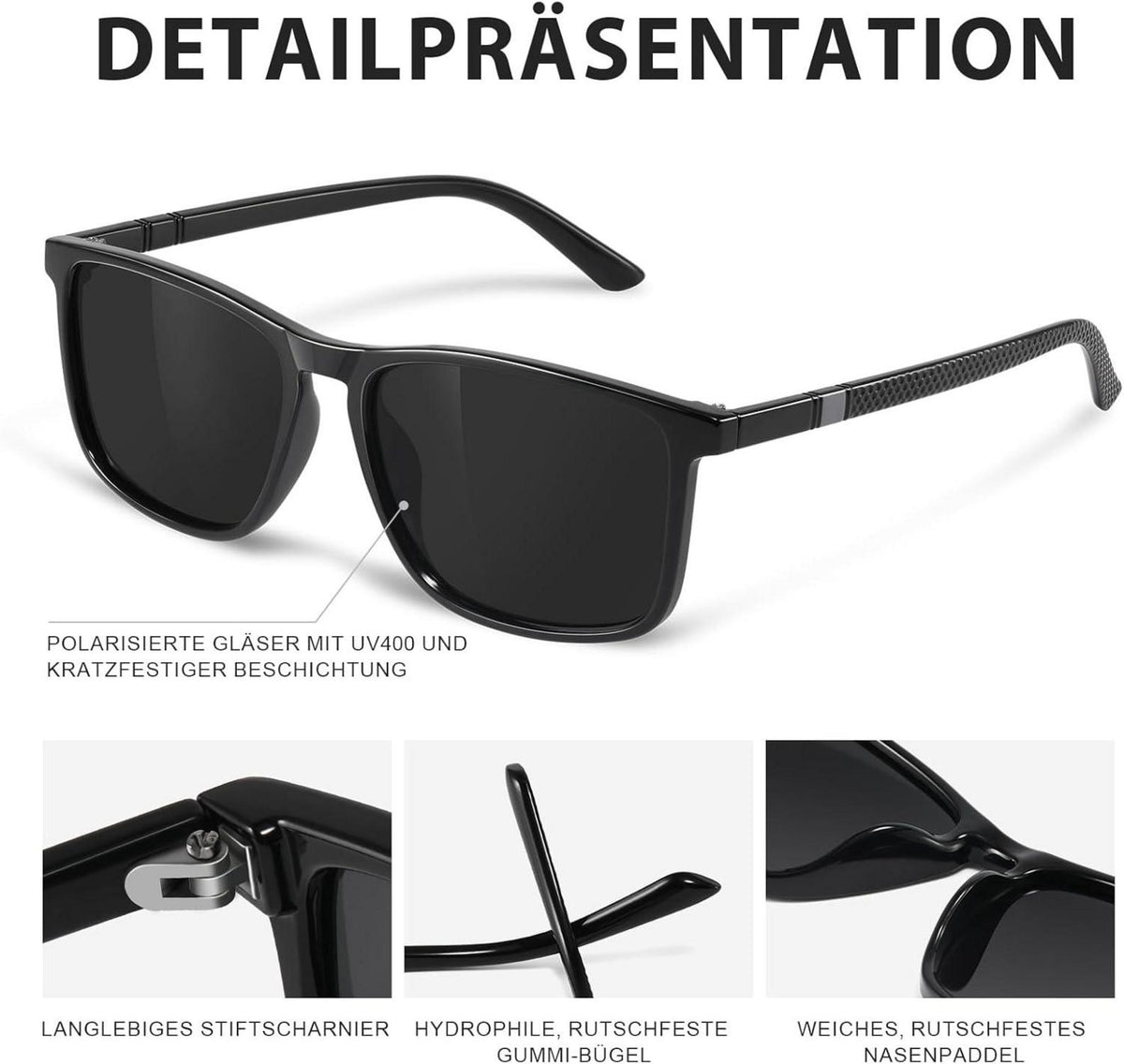 Occhsouo Polarisierte Sonnenbrille UV400 TR90 Rahmen Schwarz CAT 3 CE Retro Sport für Herren Damen