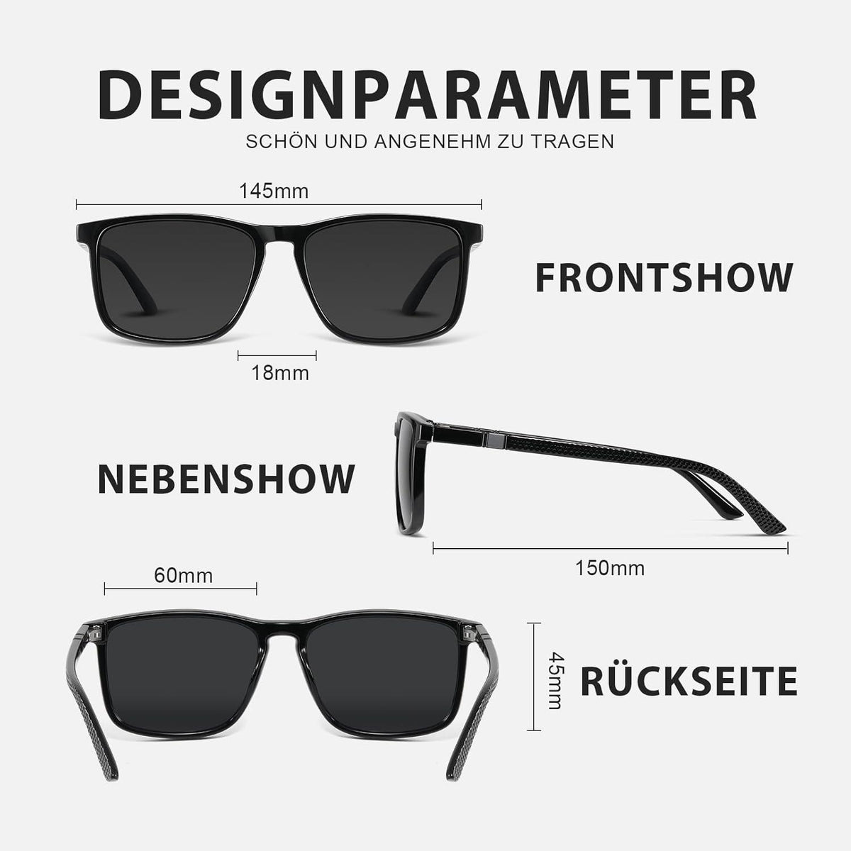 Polarisierte Sonnenbrille Herren Damen UV400 TR90 Rahmen Schwarz CAT 3 CE