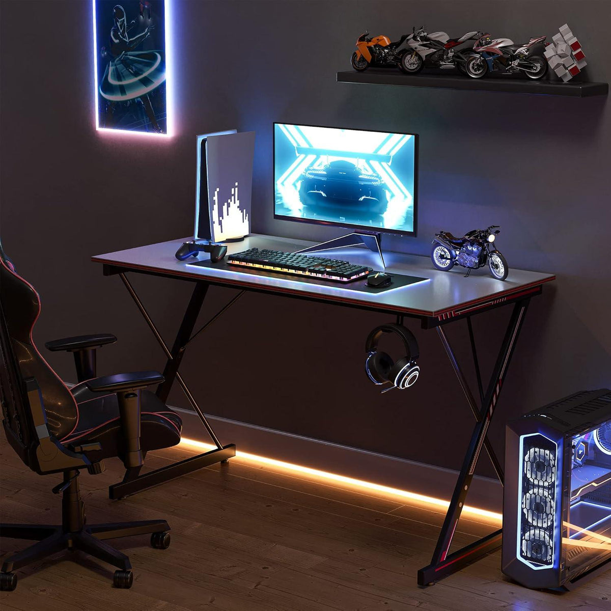Gaming Tisch 100x50 cm Kohlefasergrau Kopfhörerhaken Metallgestell