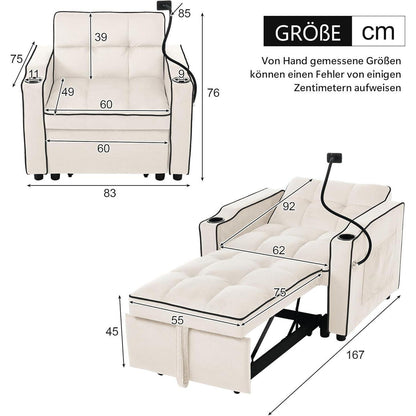 3-in-1 Schlafsofa mit Becherhaltern & Handyhalter – Beige B