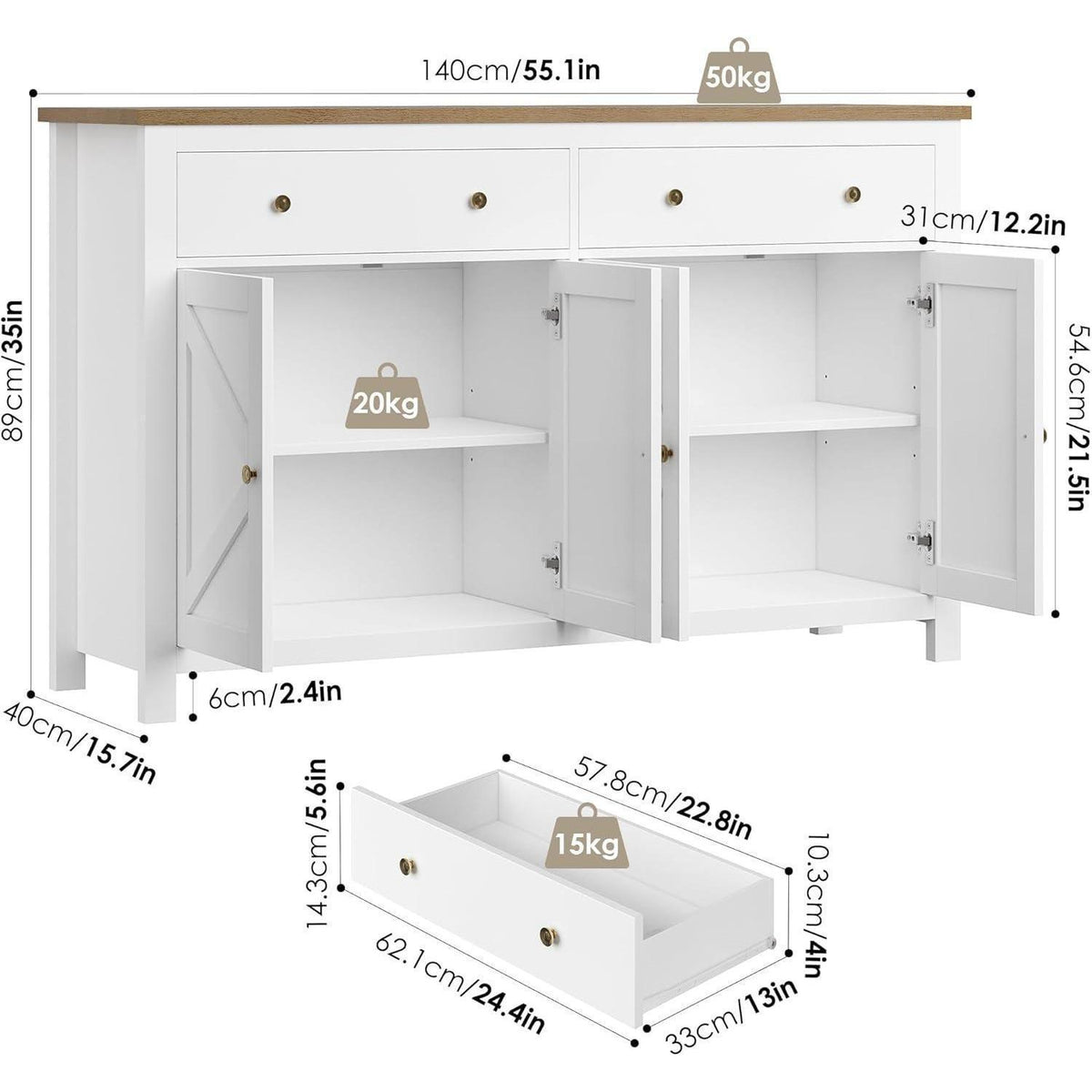 140cm Sideboard Weiß | Küchenschrank mit Arbeitsplatte & Schubladen