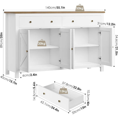 140cm Sideboard Weiß | Küchenschrank mit Arbeitsplatte & Schubladen