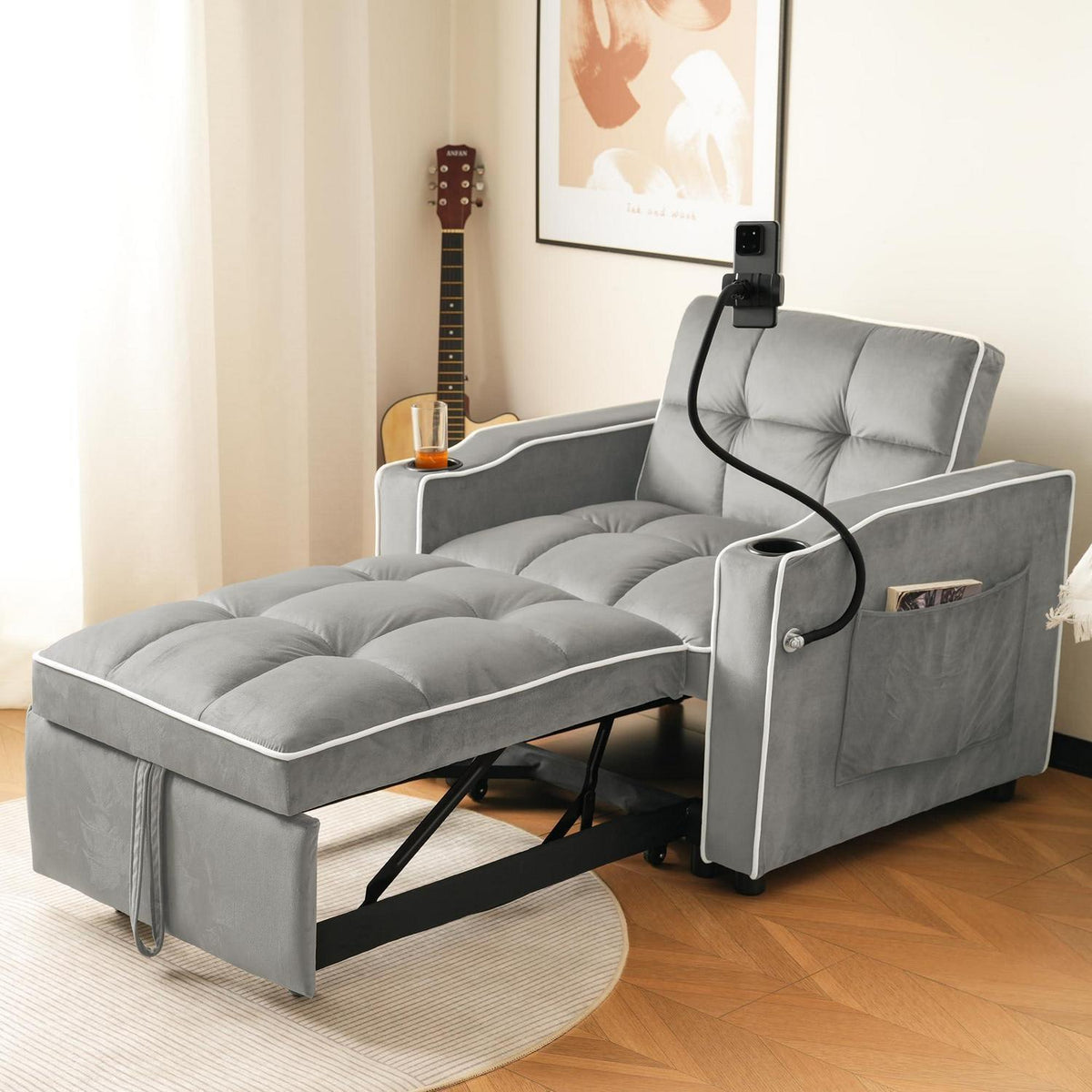 3-in-1 Schlafsofa mit Becherhaltern & Handyhalter – Antik Grau Weiß B