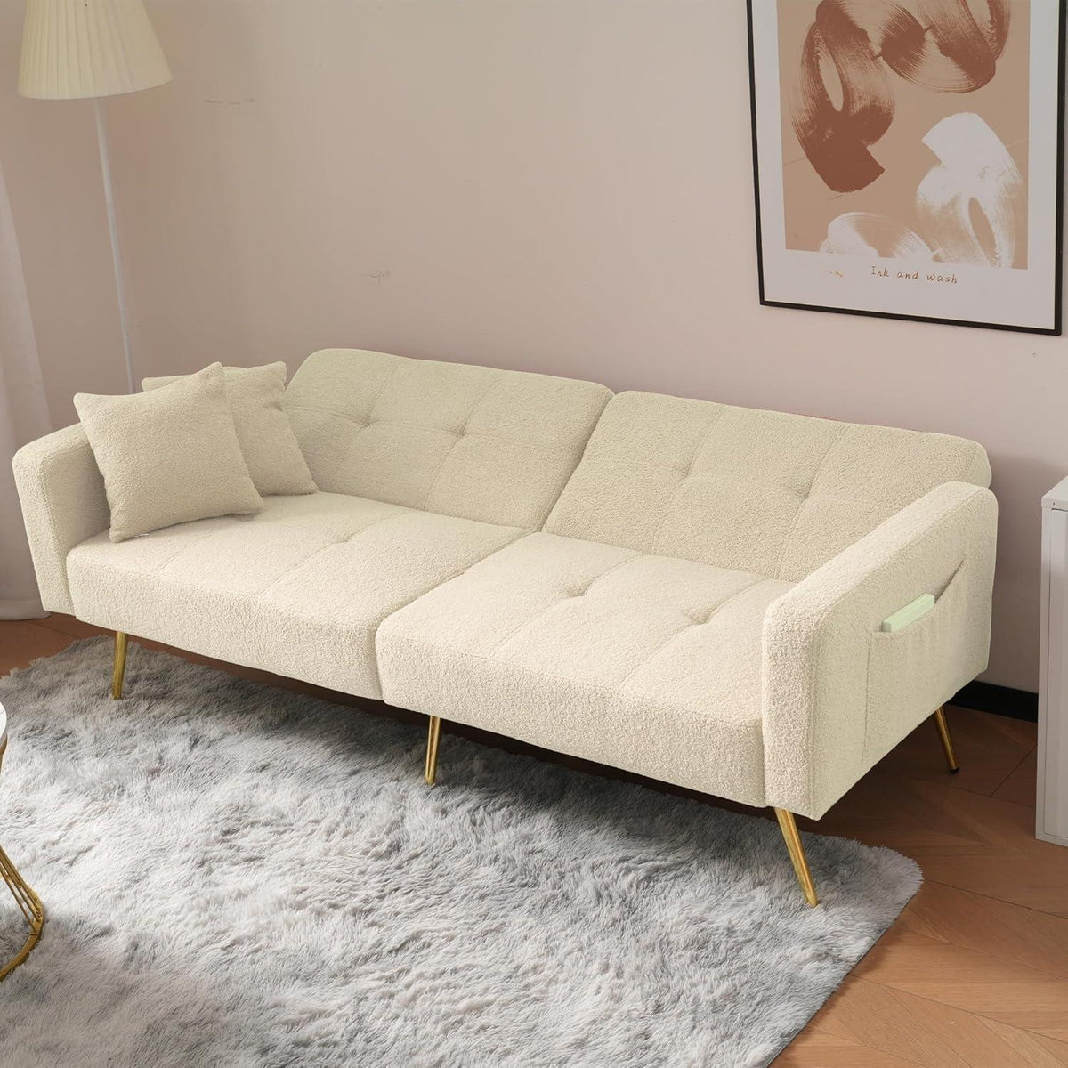 2-in-1 Schlafsofa mit verstellbarer Rückenlehne & goldenen Beinen (Beige)