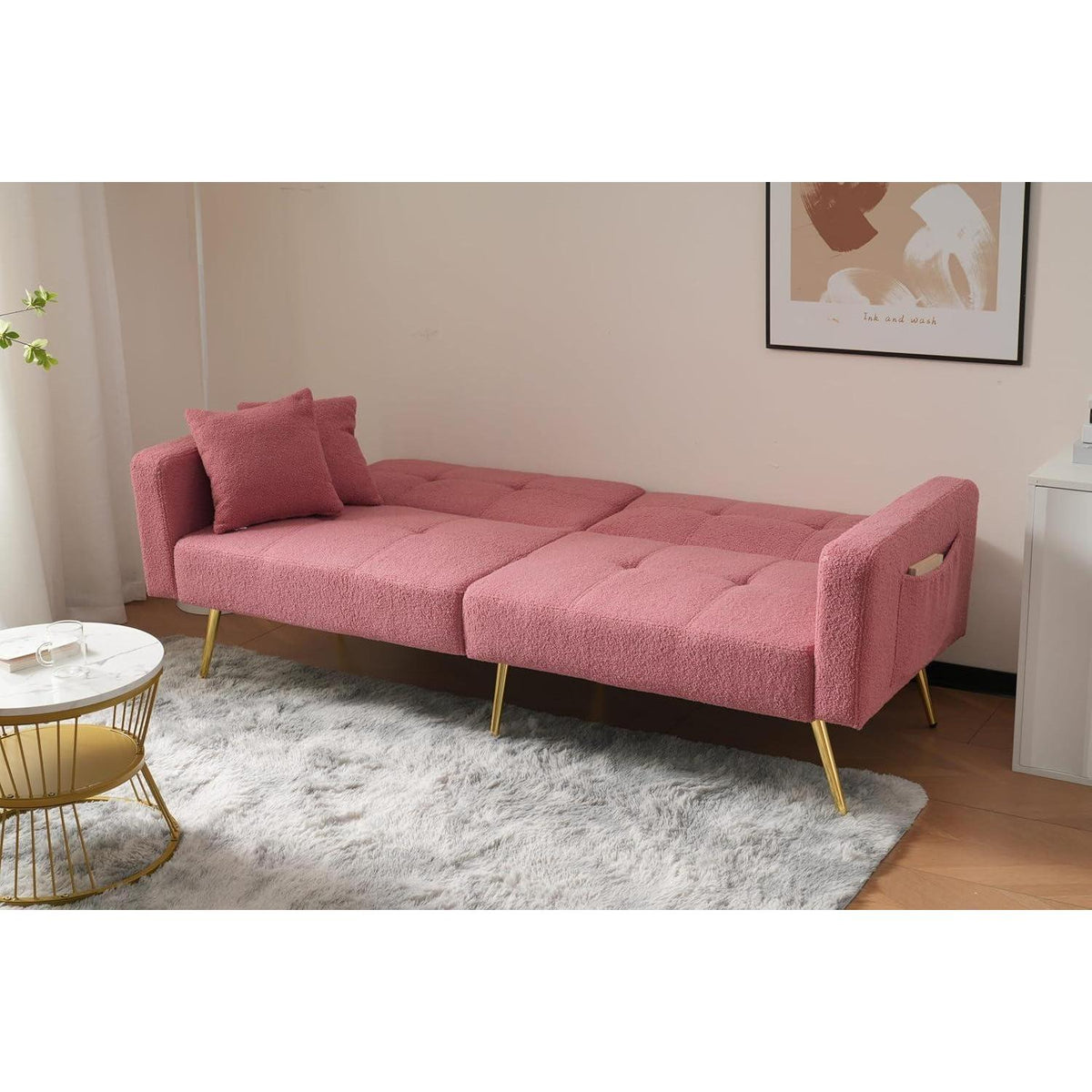 Rosa Schlafsofa mit verstellbarer Rückenlehne & goldenen Beinen