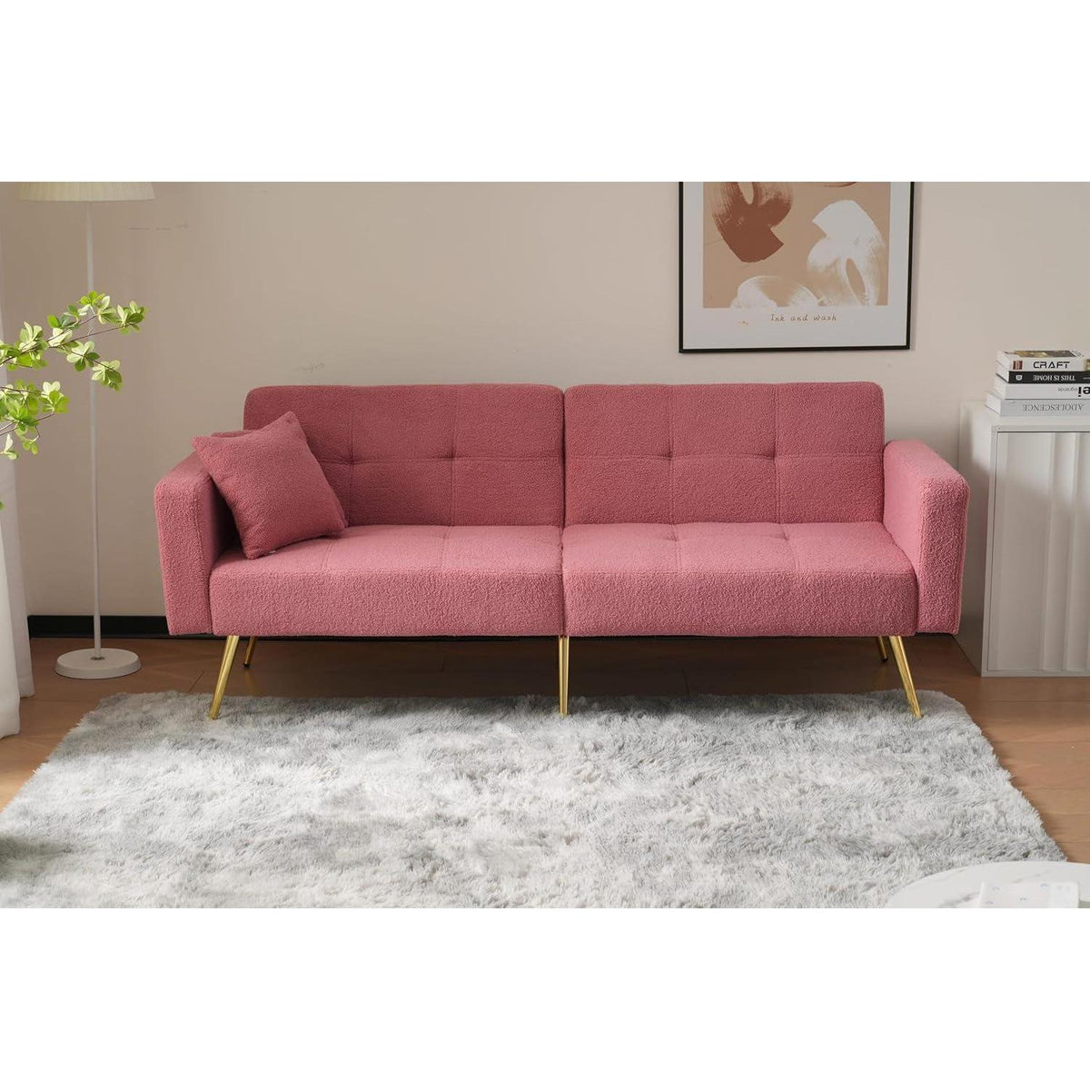 Rosa Schlafsofa mit verstellbarer Rückenlehne & goldenen Beinen
