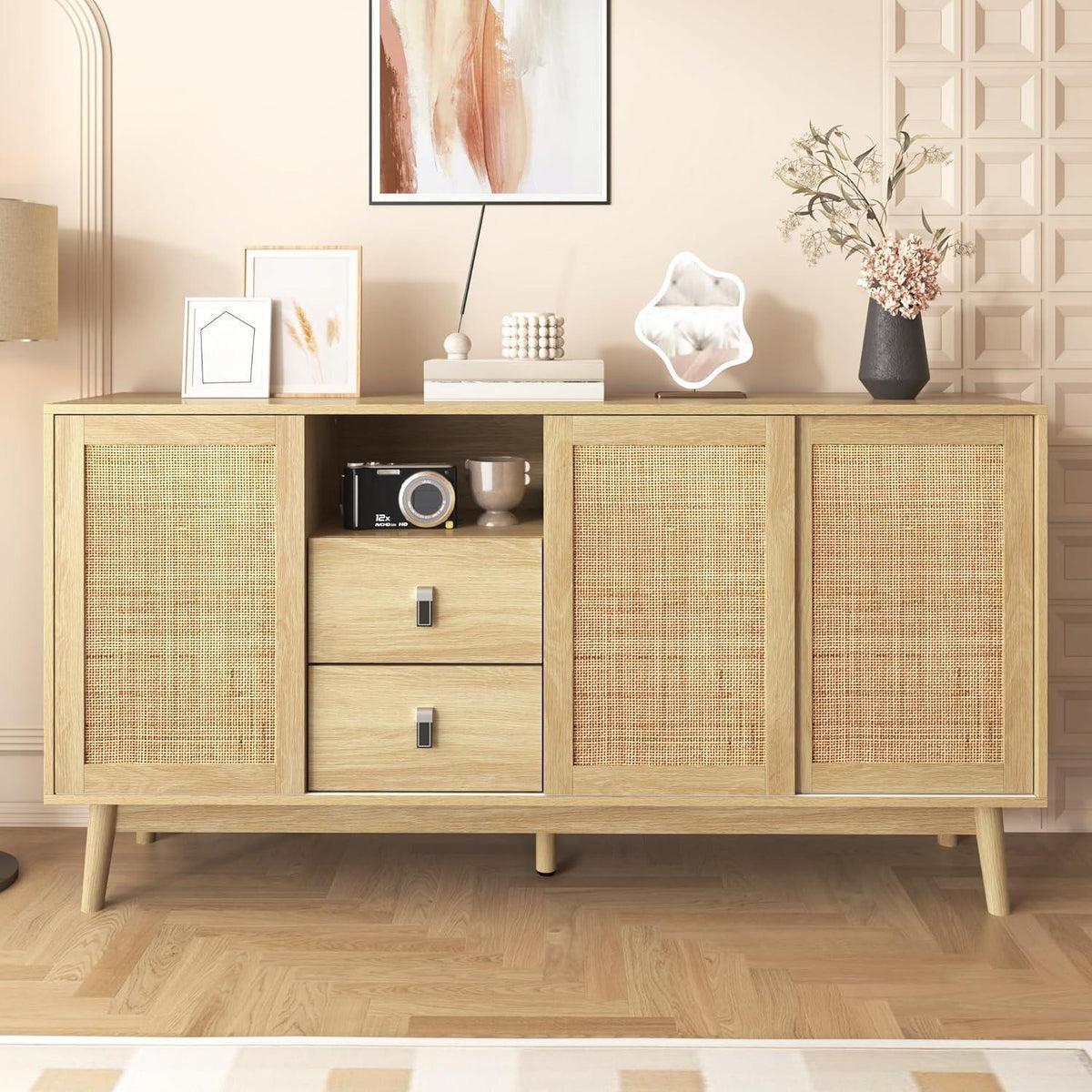 Rattanschrank 155cm mit 3 Türen & 2 Schubladen – Sideboard Kommode