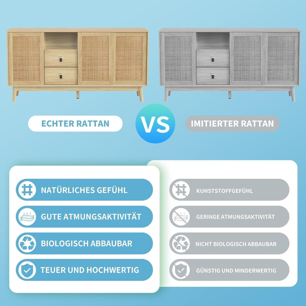 Rattanschrank 155cm mit 3 Türen & 2 Schubladen – Sideboard Kommode