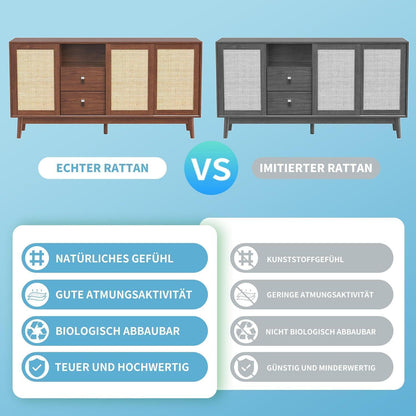 Rattanschrank 155cm mit 3 Türen & 2 Schubladen – Dunkelbraun