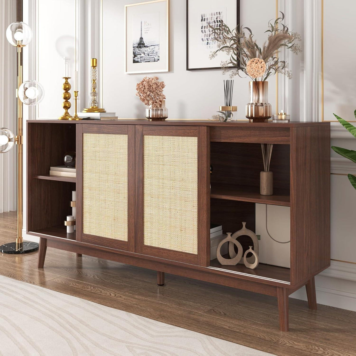 Rattanschrank 155cm mit 3 Türen & 2 Schubladen – Dunkelbraun