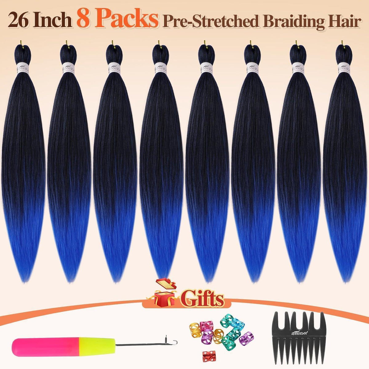 66cm Pre Stretched Braiding Haar 8er Set Ombre Blau