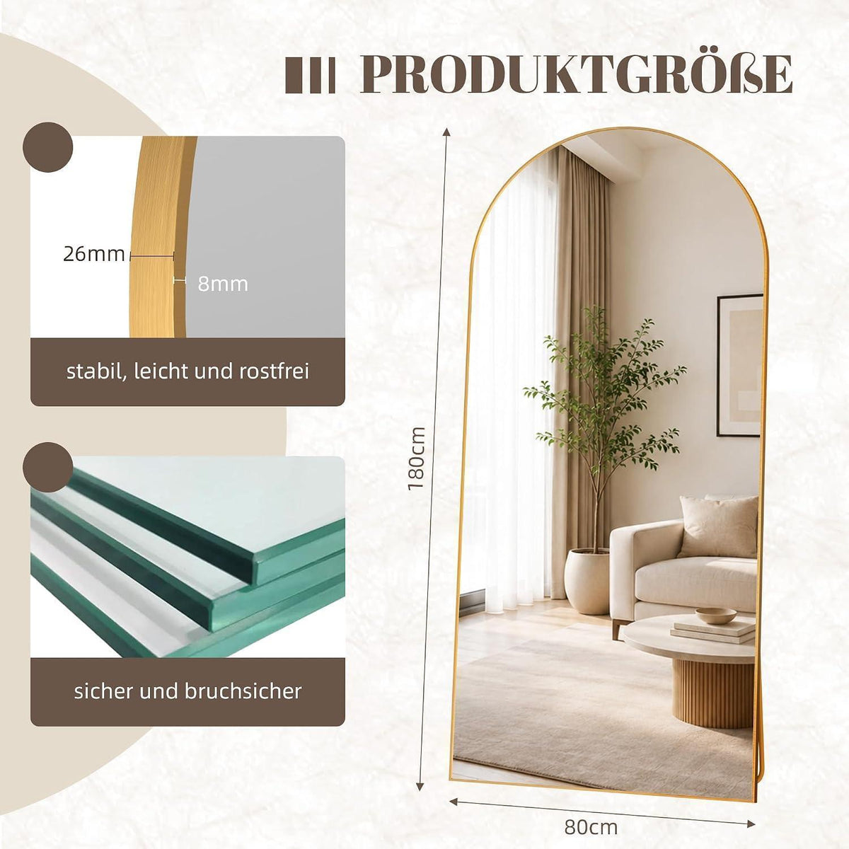 Ganzkörperspiegel Bogen 180x80 cm – Stand- & Wandspiegel Gold