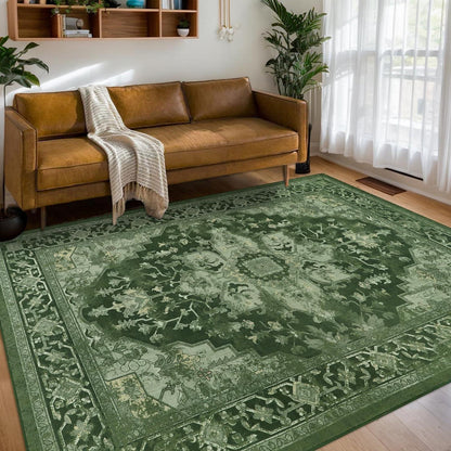 Großer Boho Teppich 160x230cm – Waschbar, Grün, Vintage Wohnzimmerteppich