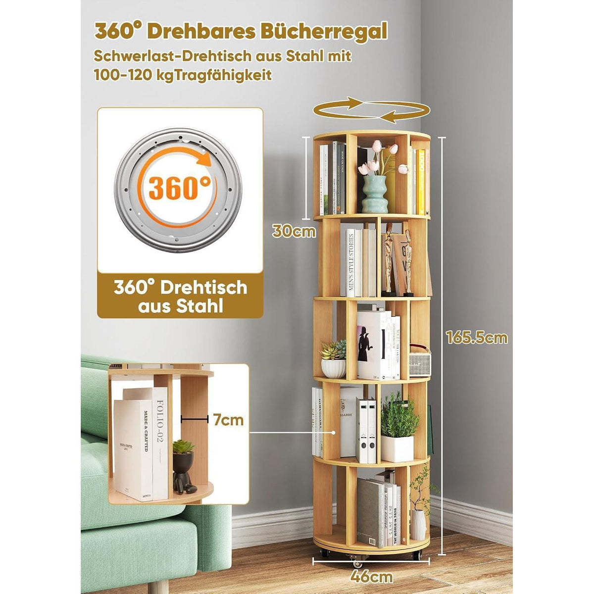 Drehbares Bücherregal 165,5 cm – 5 Etagen, Eckregal & Mobil