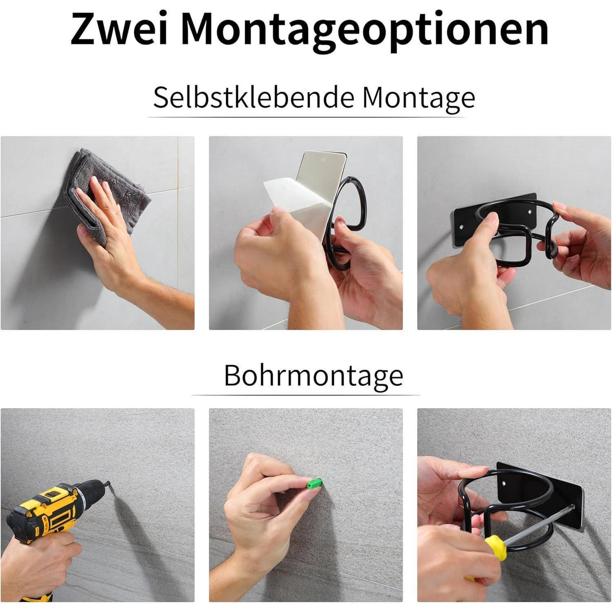 Haartrocknerhalterung ohne Bohren, Wandmontage, Schwarz