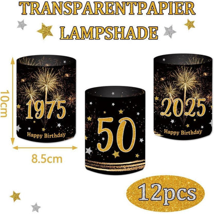 12 Windlichter & 500 Konfetti 50. Geburtstag Schwarz Gold
