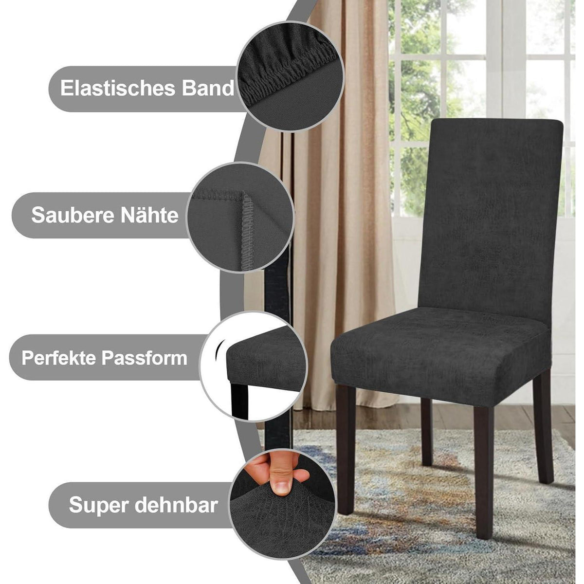 Stretch Stuhlhussen Sämischleder 6er Set Schwarz