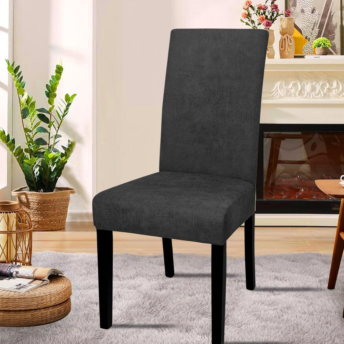 Stretch Stuhlhussen Sämischleder 6er Set Schwarz