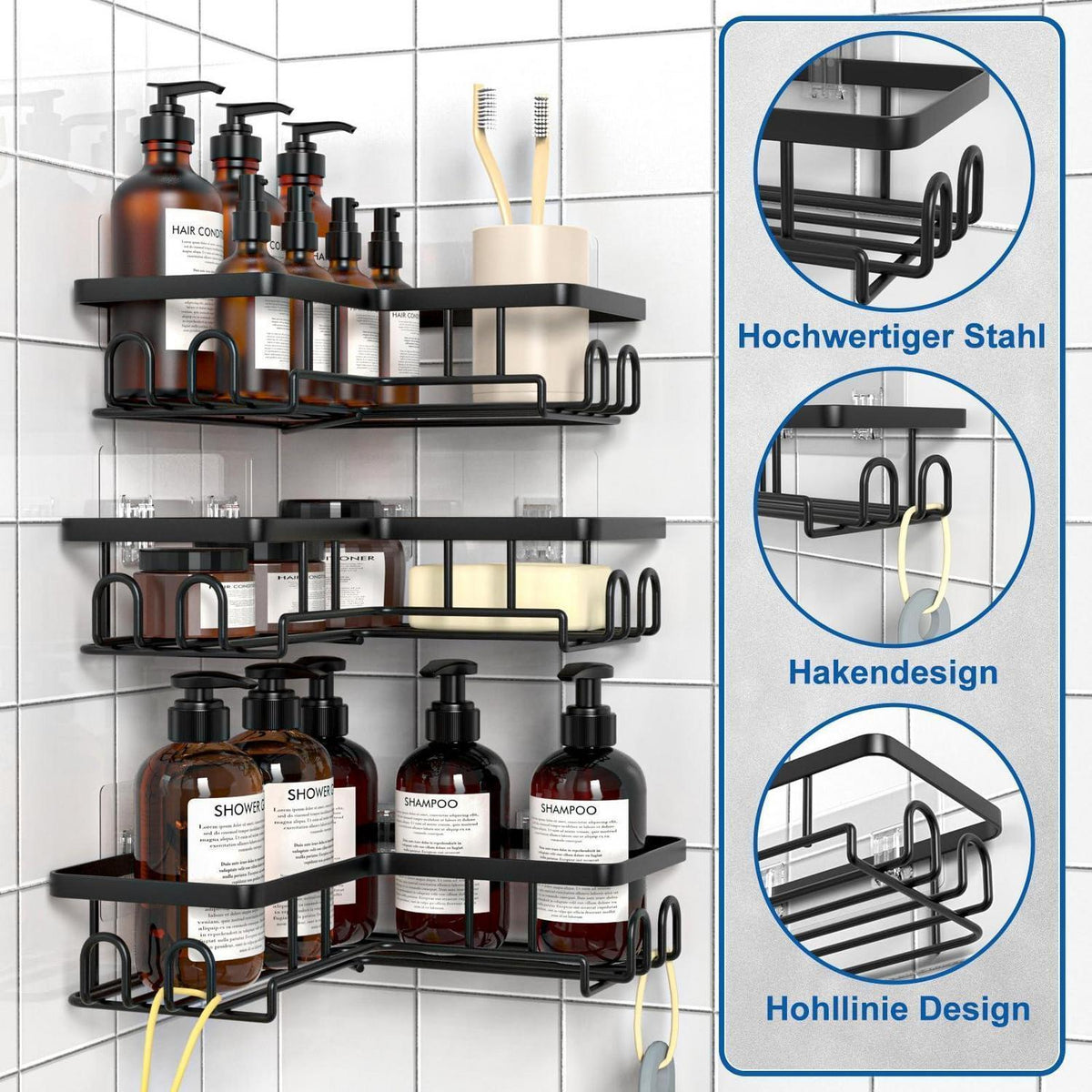 Duschablage Eckregal ohne Bohren – 3er Set Schwarz