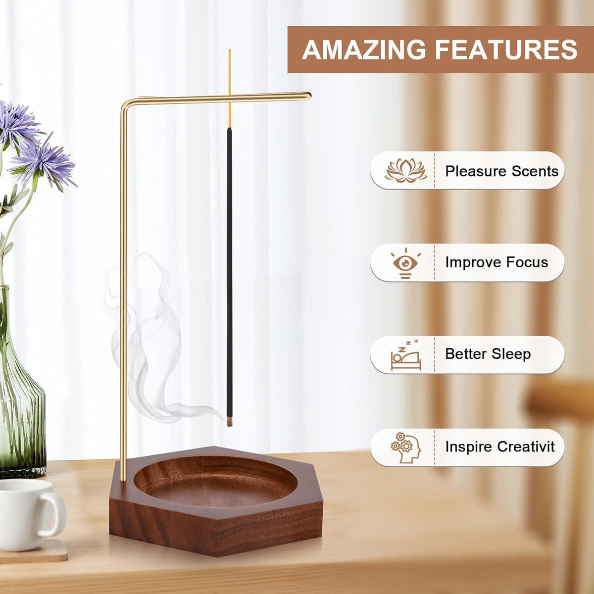 Räucherstäbchenhalter Holz Hexagon mit 9 Löchern & Kürbisform, Braun