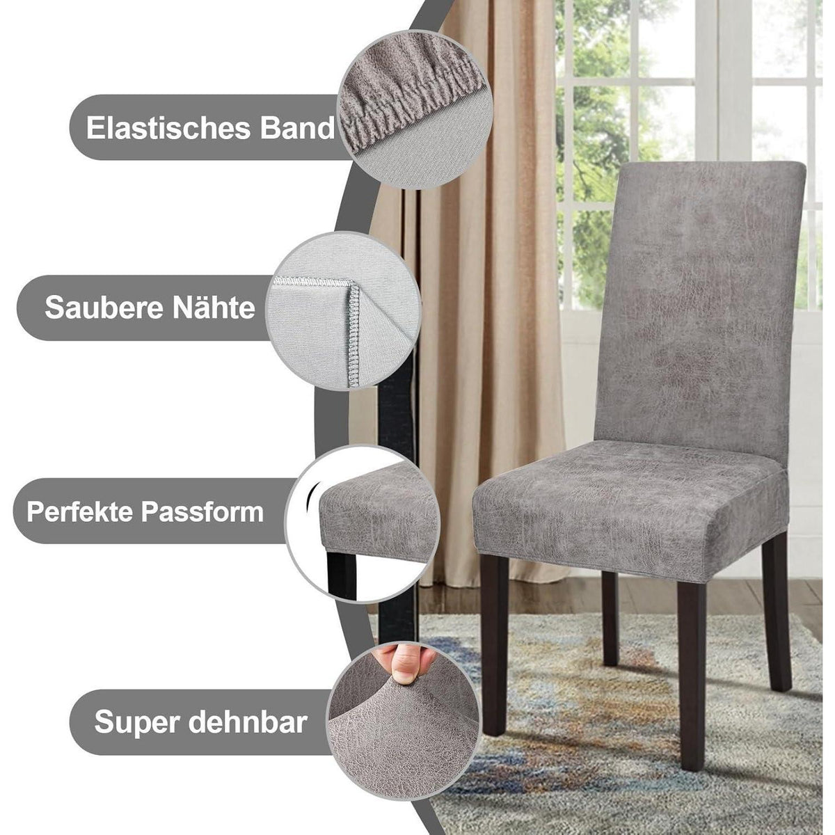 Stretch Stuhlhussen Set 4er Grau – Abnehmbar & Waschbar