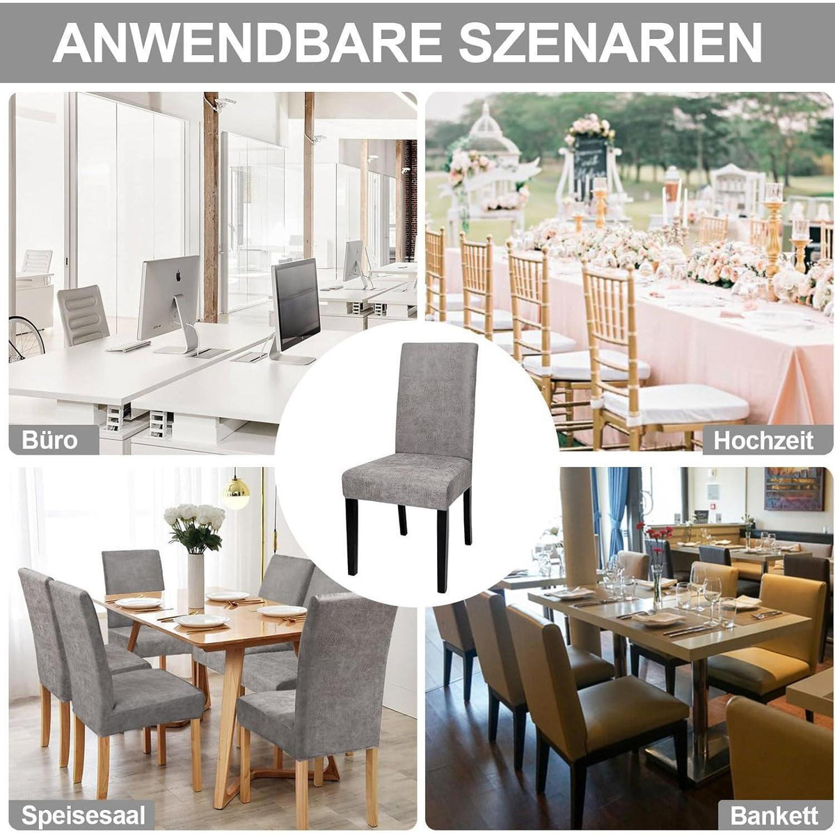 Stretch Stuhlhussen Set 4er Grau – Abnehmbar & Waschbar