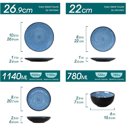 Steingut Geschirrset 24 Teile für 6 Personen, blau, modern