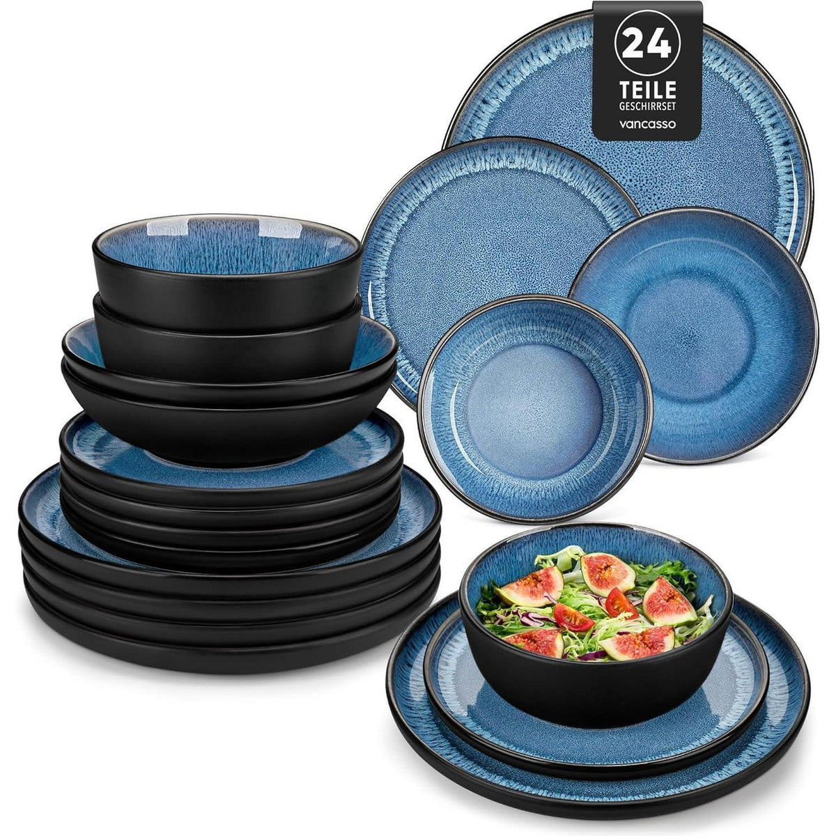 Steingut Geschirrset 24tlg für 6 Personen, Blau, Mediterranes Design