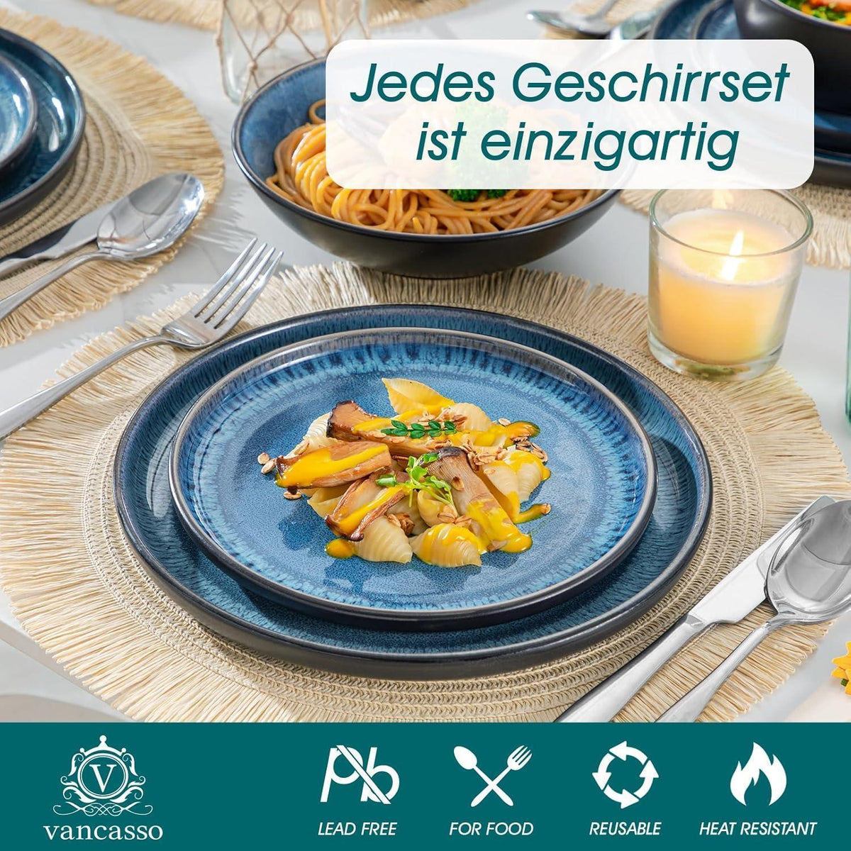 Steingut Geschirrset 24tlg für 6 Personen, Blau, Mediterranes Design