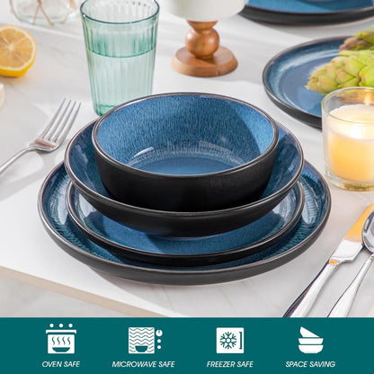 Steingut Geschirrset 24tlg für 6 Personen, Blau, Mediterranes Design