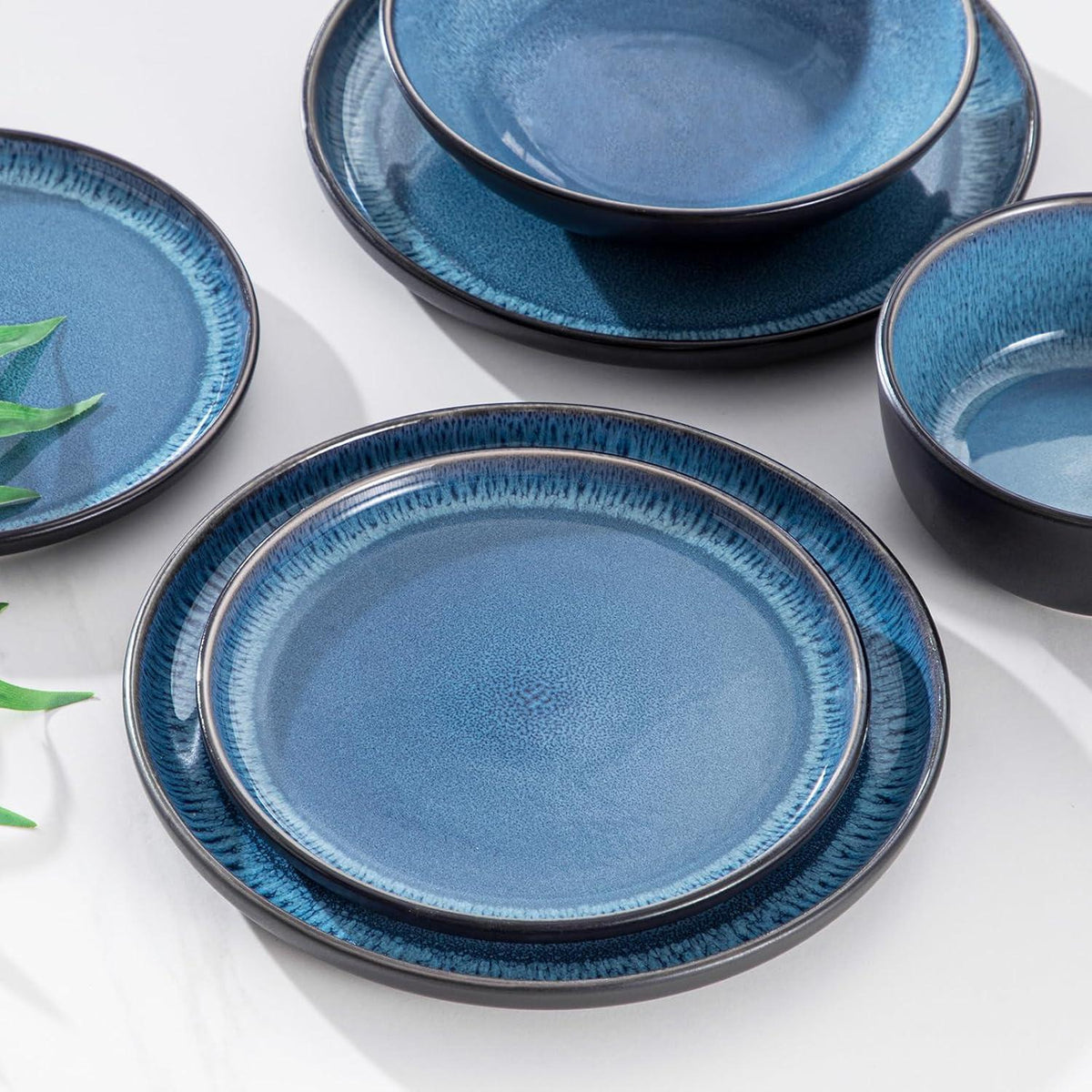 Steingut Geschirrset 24tlg für 6 Personen, Blau, Mediterranes Design