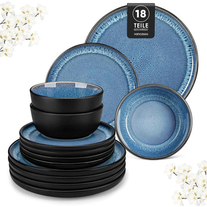 Steingut Geschirrset 18tlg für 6 Personen, Blau, Mediterranes Design