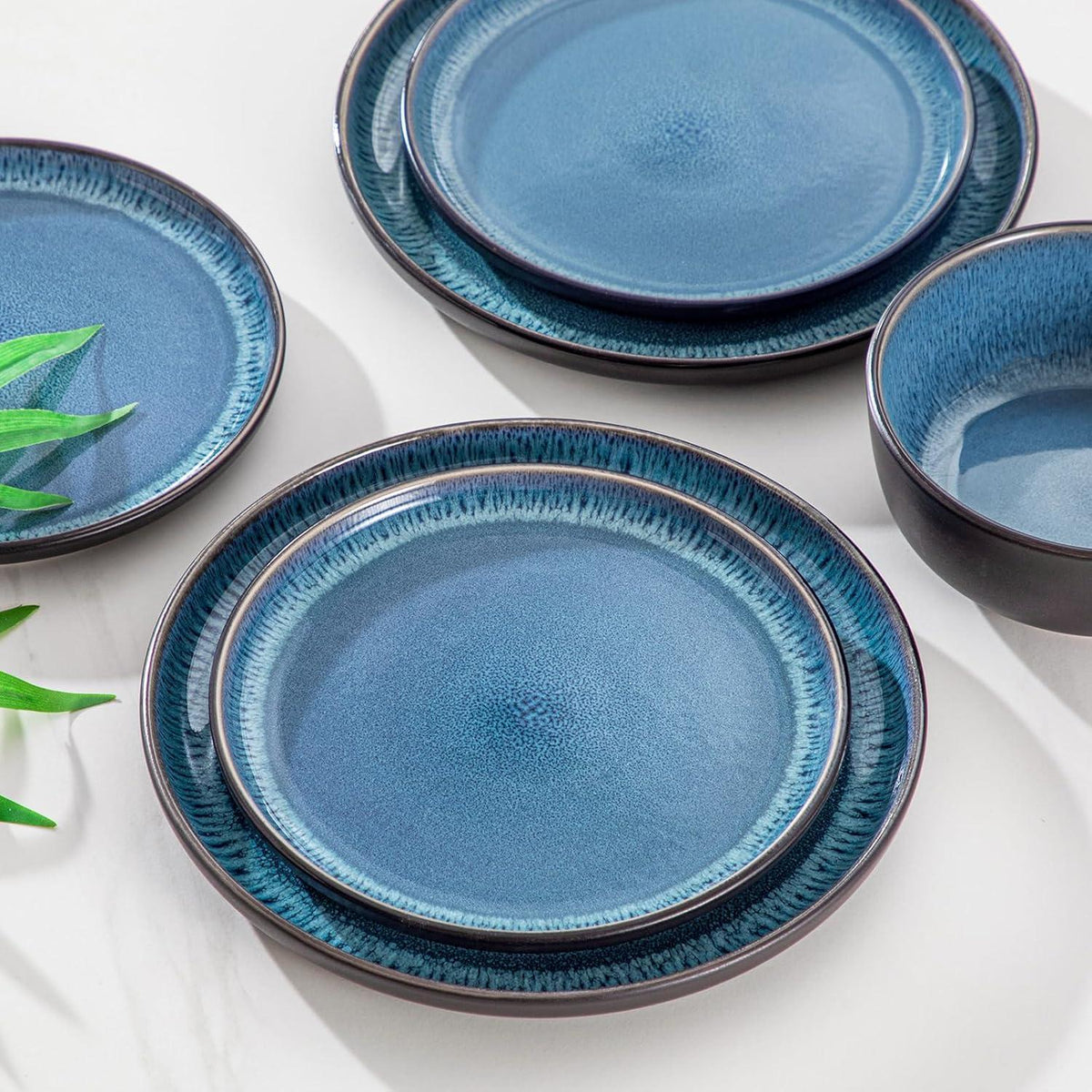 Steingut Geschirrset 18tlg für 6 Personen, Blau, Mediterranes Design