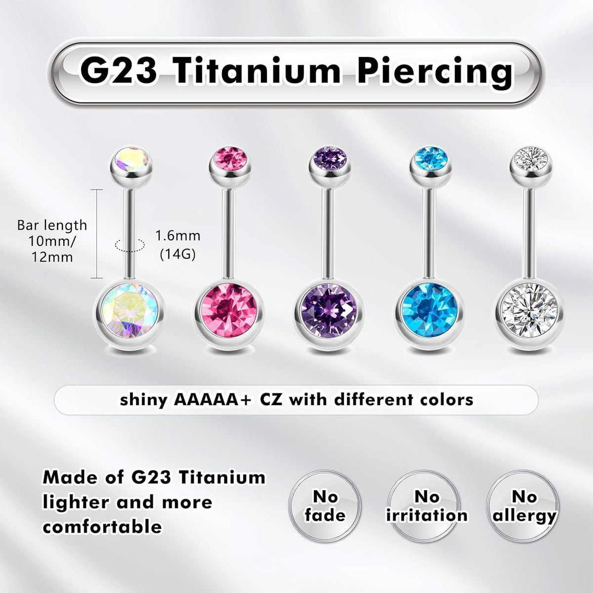 G23 Titan Bauchnabelpiercing 14G 12mm mit bunten Kugeln