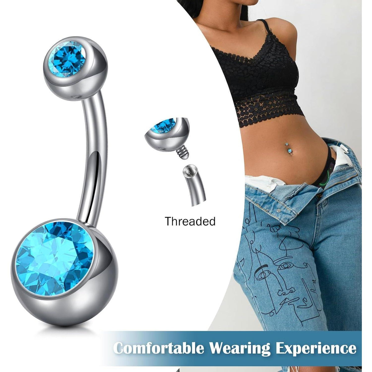 Bauchnabelpiercing Titan Silber 6-16mm Stablänge mit Rosa/Blau CZ