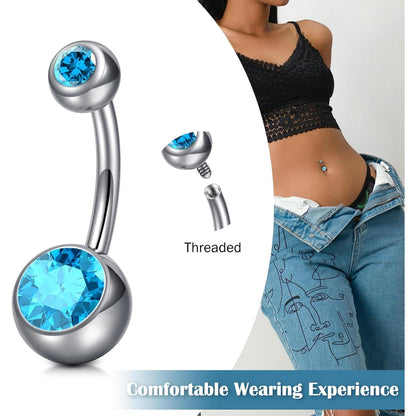 Bauchnabelpiercing Titan Silber 6-16mm Stablänge mit Rosa/Blau CZ