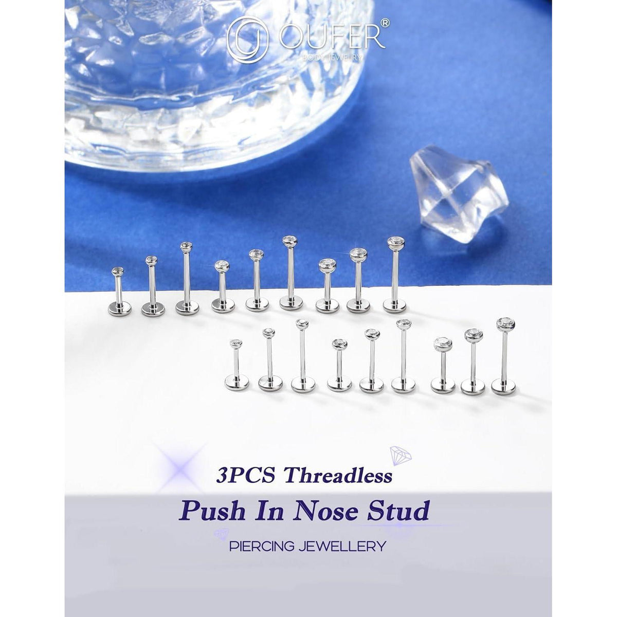 Nasenpiercing Stecker 3er Set 18G 8mm Klar CZ Edelstahl