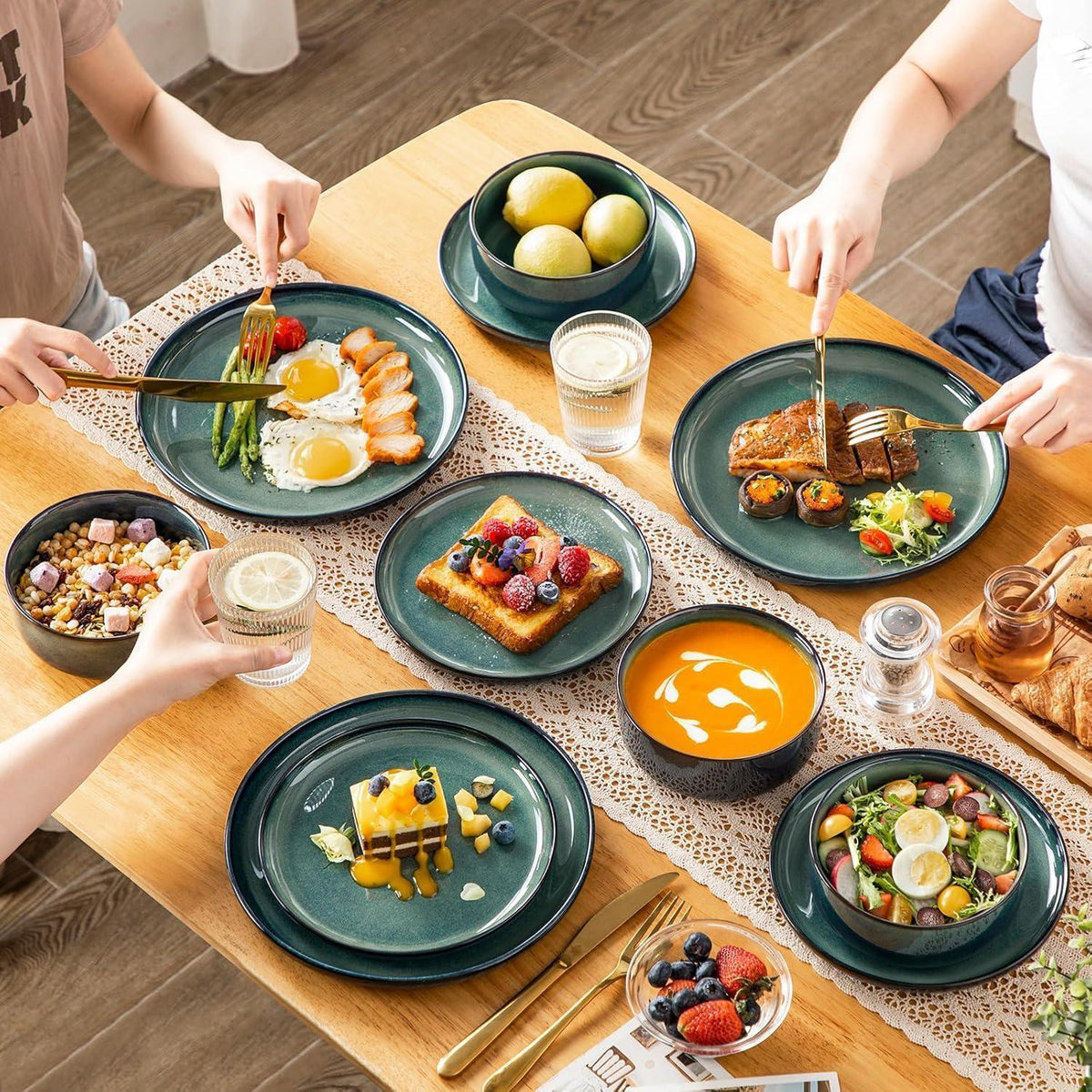 Tafelservice 12 Personen modern, Grün, 36-teiliges Geschirr Set