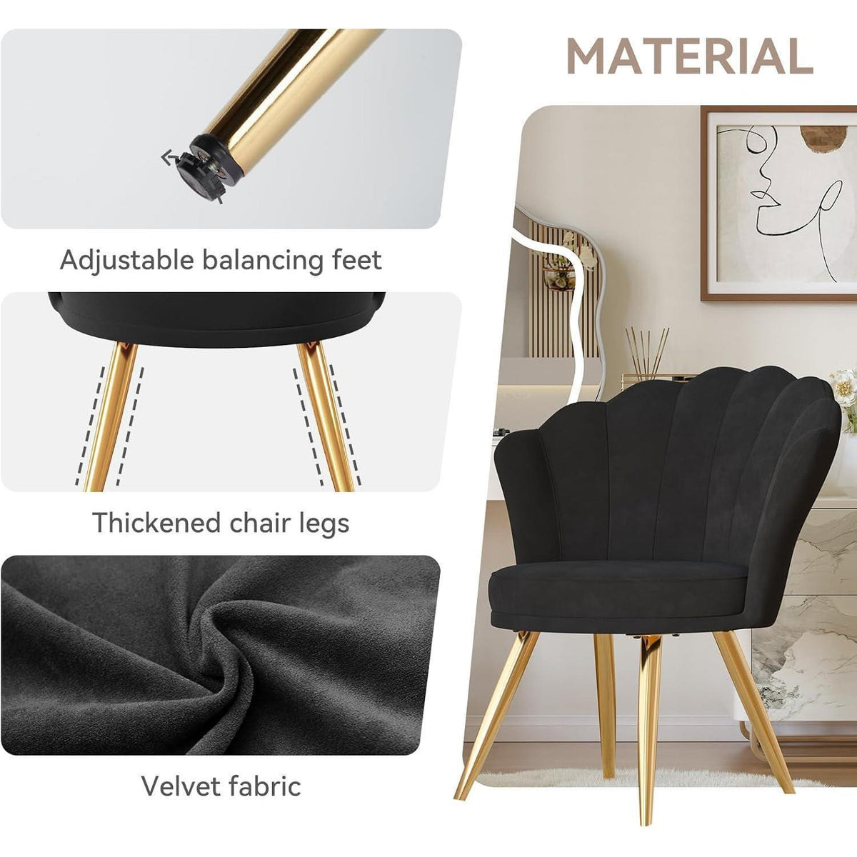 Samt Esszimmerstuhl mit Muschelsitz & Goldbeinen Schwarz