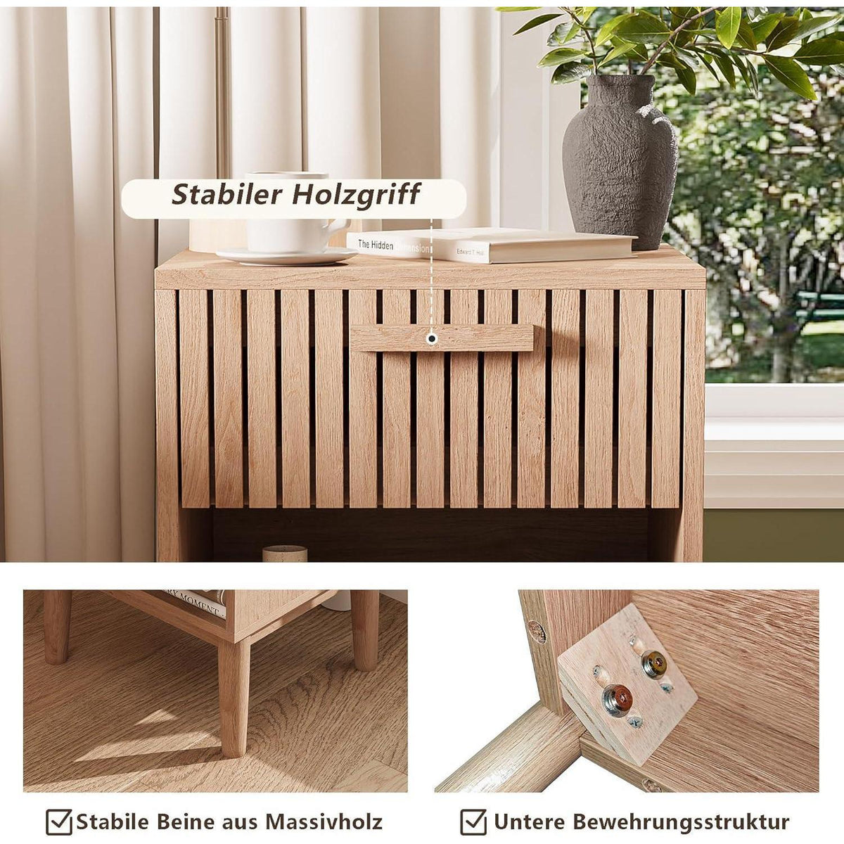 Nachtschrank 2er Set Boho Holz Natur mit Schublade