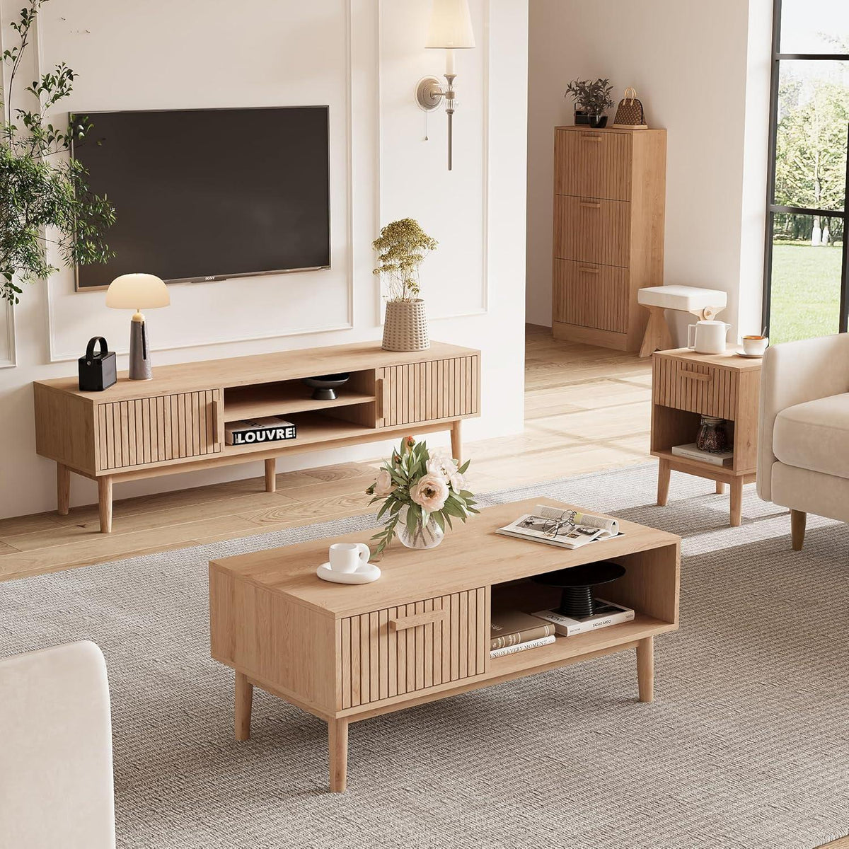 Nachtschrank 2er Set Boho Holz Natur mit Schublade