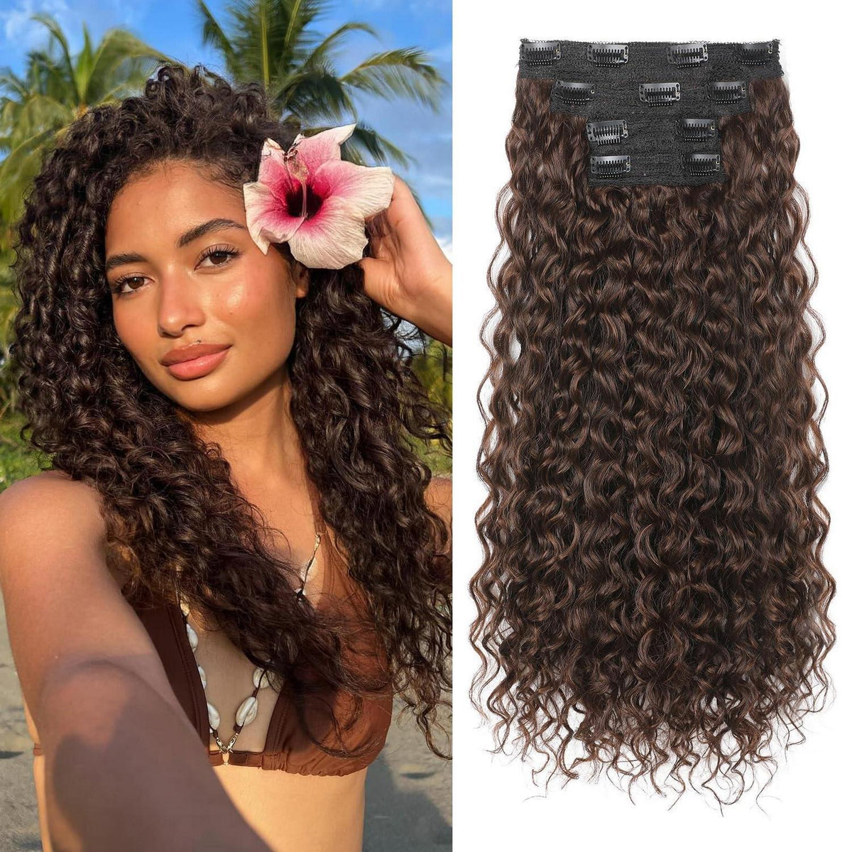 Lockige Haarverlängerung Rotbraun 50cm – Clip-in, Proteinseide
